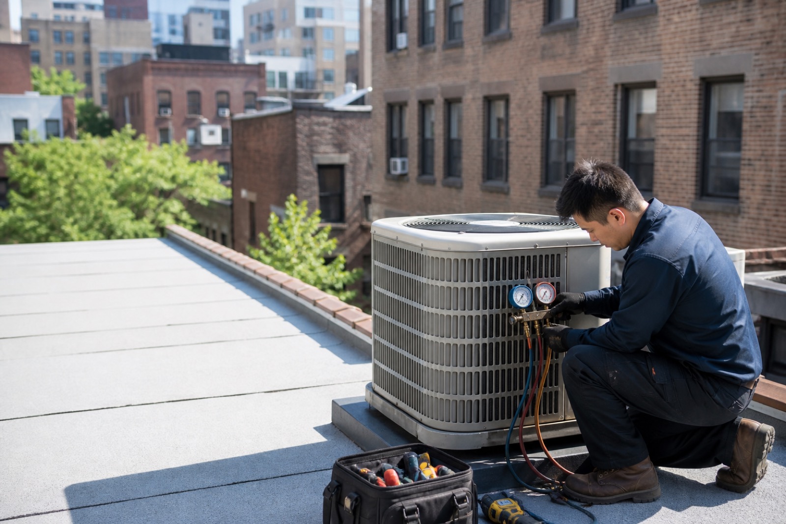 HVAC technician servicing rooftop air conditioning equipment