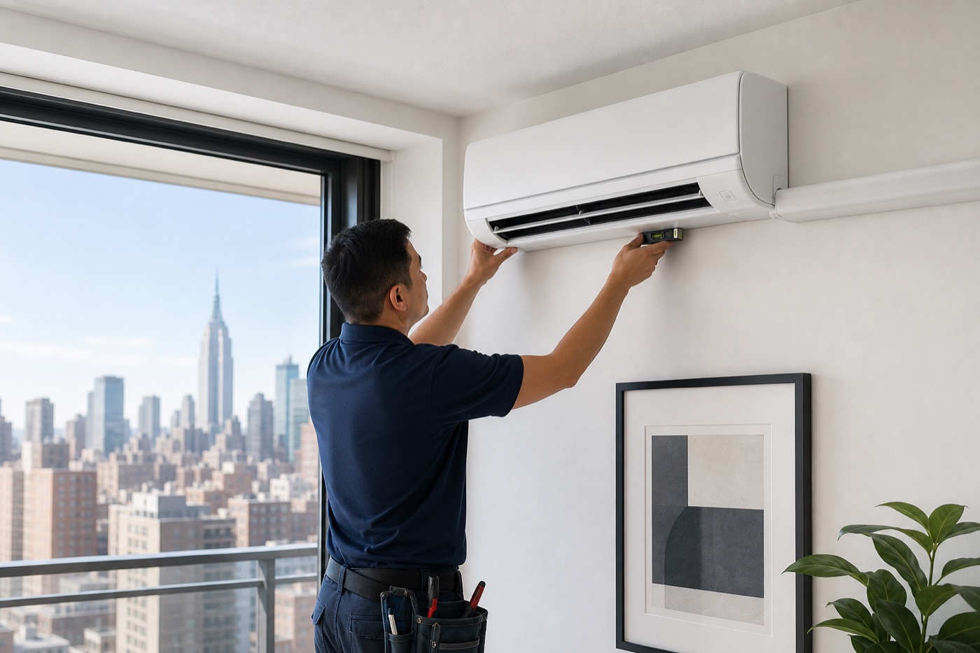 HVAC technician installing a ductless mini split indoor unit