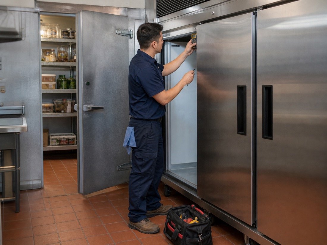 Technician checking commercial refrigeration equipment in a restaurant
